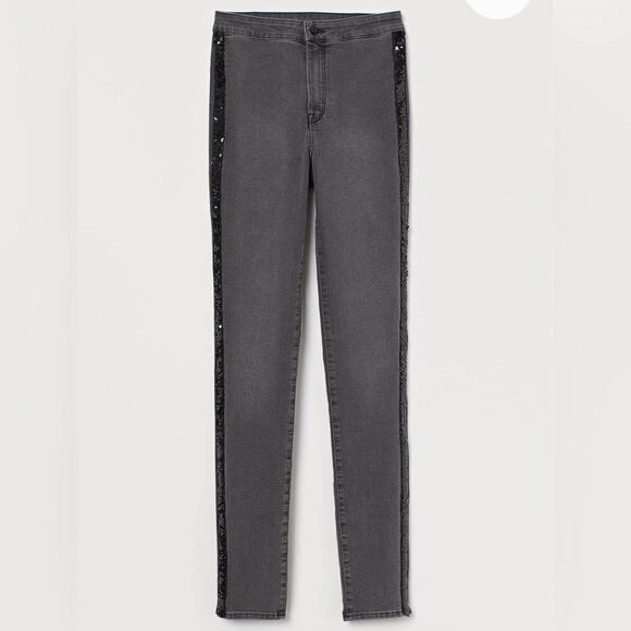 H&M Divided Sequin Tuxedo Stripe Slim High Waist Skinny Jeans Dark Grey 8 - Picture 1 of 11
